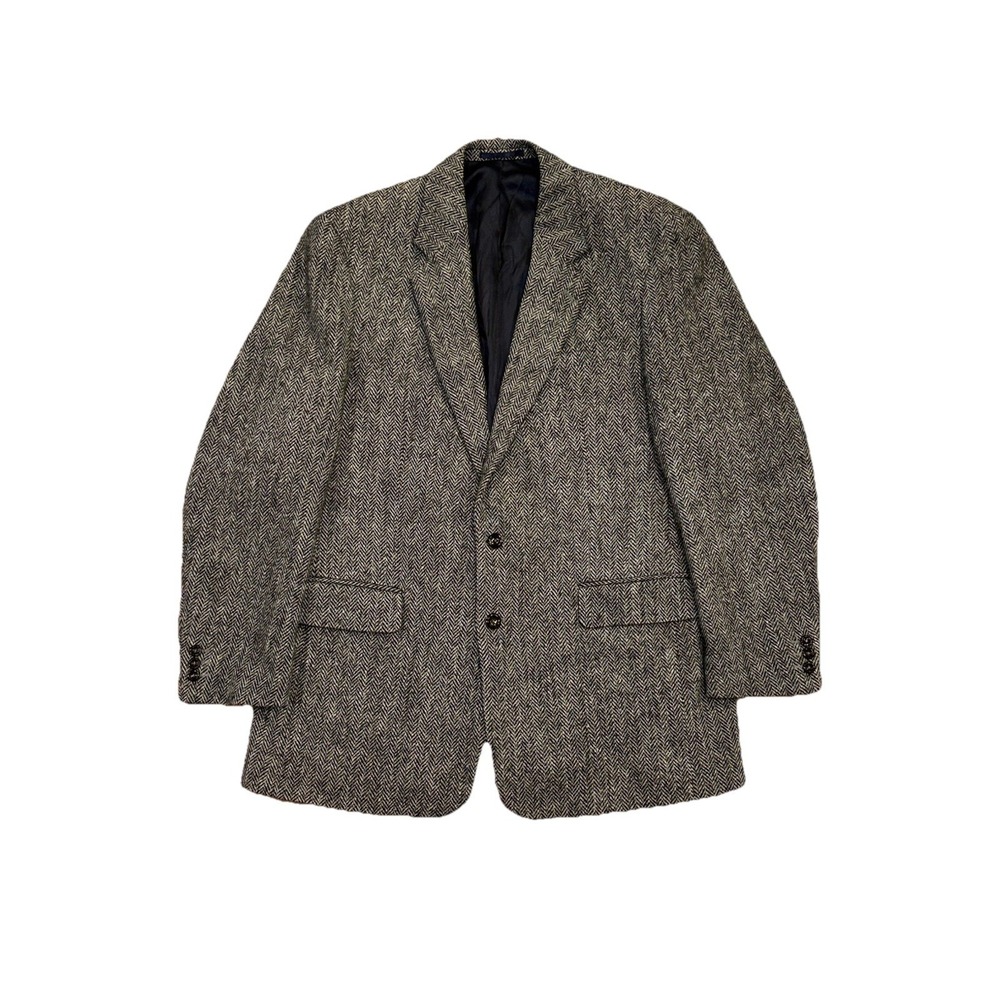 Vintage Harris Tweed Scotland Black‎ Herringbone Blazer Size 42 R EUC